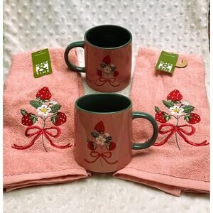 Strawberries & Bows Coordinating Pink 16oz Mugs & Kitchen Towels -NEW